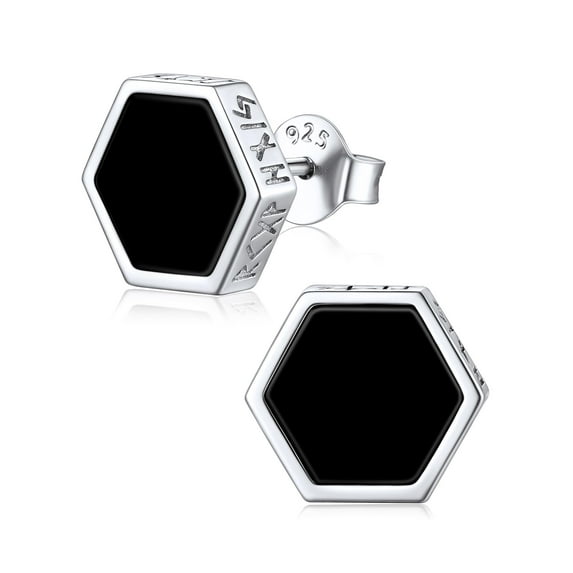 ChicSilver Men Black Stud Earrings Sterling Silver Black Onyx Earrings for Women Men Viking Rune Jewelry Small Hexagon Studs