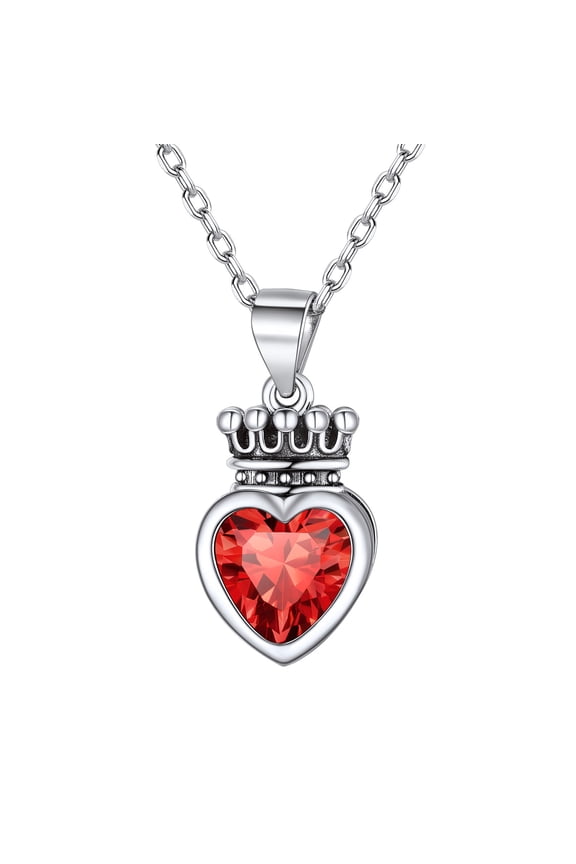 Mothers Necklaces July Ruby Birthstone Princess Crown Heart Charm Necklace for Women Pendant Choker 18" Sterling Silver