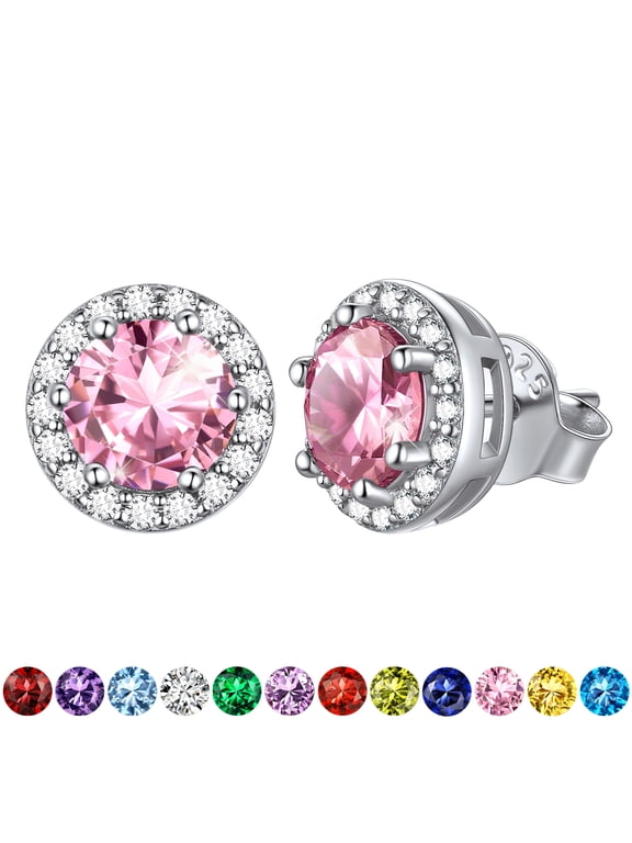 Birthstone Stud Earrings for Women 925 Sterling Silver, Round Cut 12 Months Birthstone Studs, Birthday Jewelry Gifts for Mom Wife Her