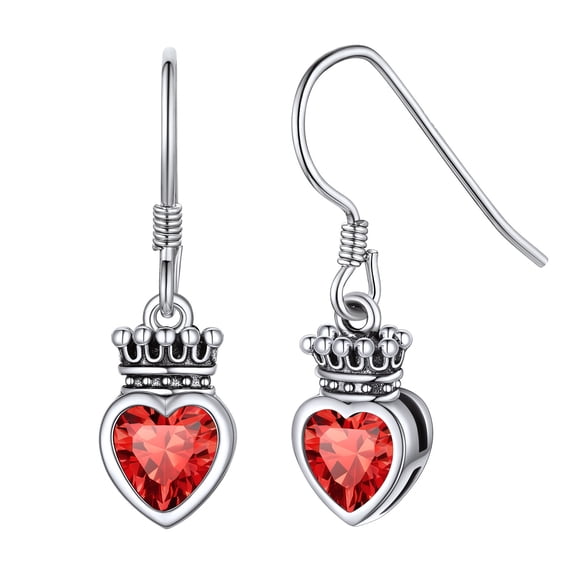 ChicSilver Princess Crown Heart Charm Dangle Earrings .925 Sterling Silver July Ruby Red Birthstone Earrings for Her