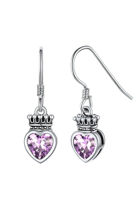 Princess Crown Heart Charm Dangle Earrings .925 Sterling Silver June Alexandrite Purple Birthstone Earrings for Her