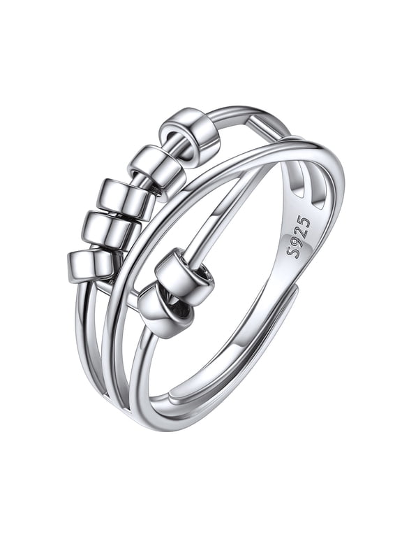 Ring for Women Adjustable Sterling Silver Fidget Anxiety Ring with Rotatable Polished Beads for Stress Relief