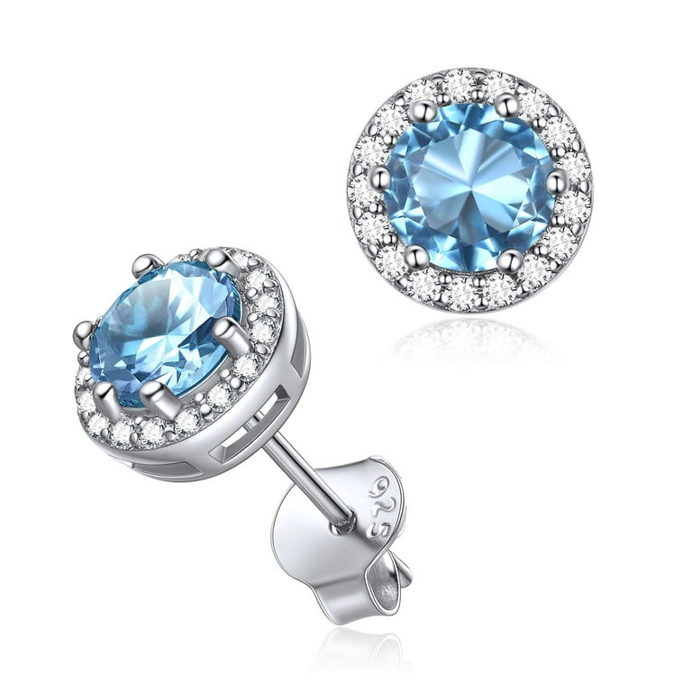 ChicSilver Round Birthstone Stud Earrings for Women 925 Sterling Silver  Earrings with Cubic Zirconia Crystal Jewelry Gift March (Aquamarine)