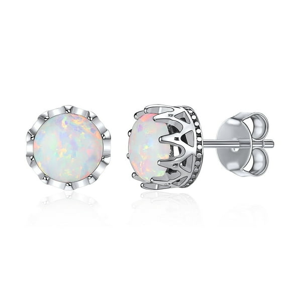 ChicSilver Round Crown Stud Earrings for Women 925 Sterling Silver Created White Opal Zircon Studs Jewelry Gift Hypoallergenic Earrings for Sensitive Ears