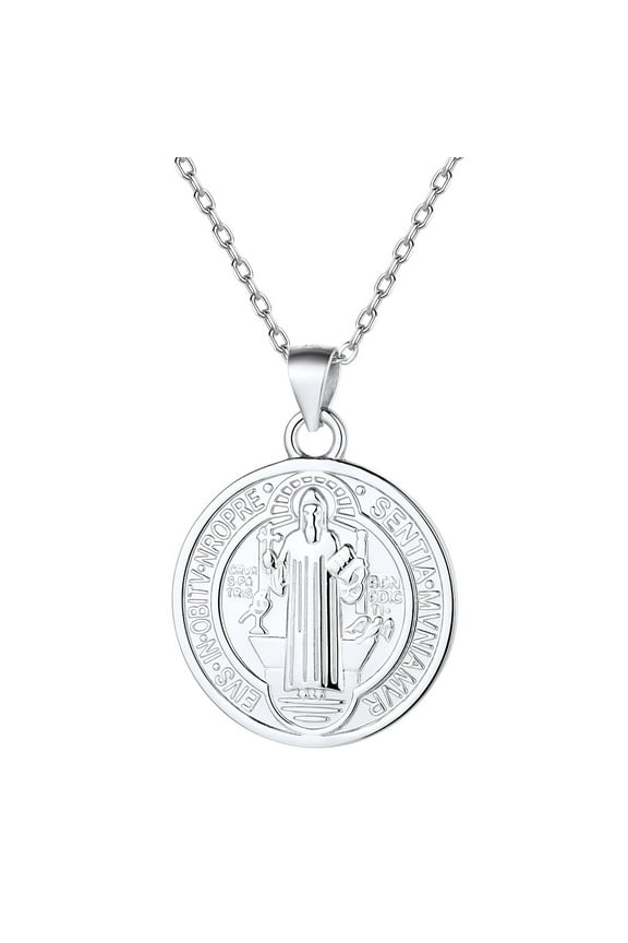Saint Benedict Cross Necklace Round Coin Medallion Necklace 925 Sterling Silver Amulet Jewelry Gift for Women Men