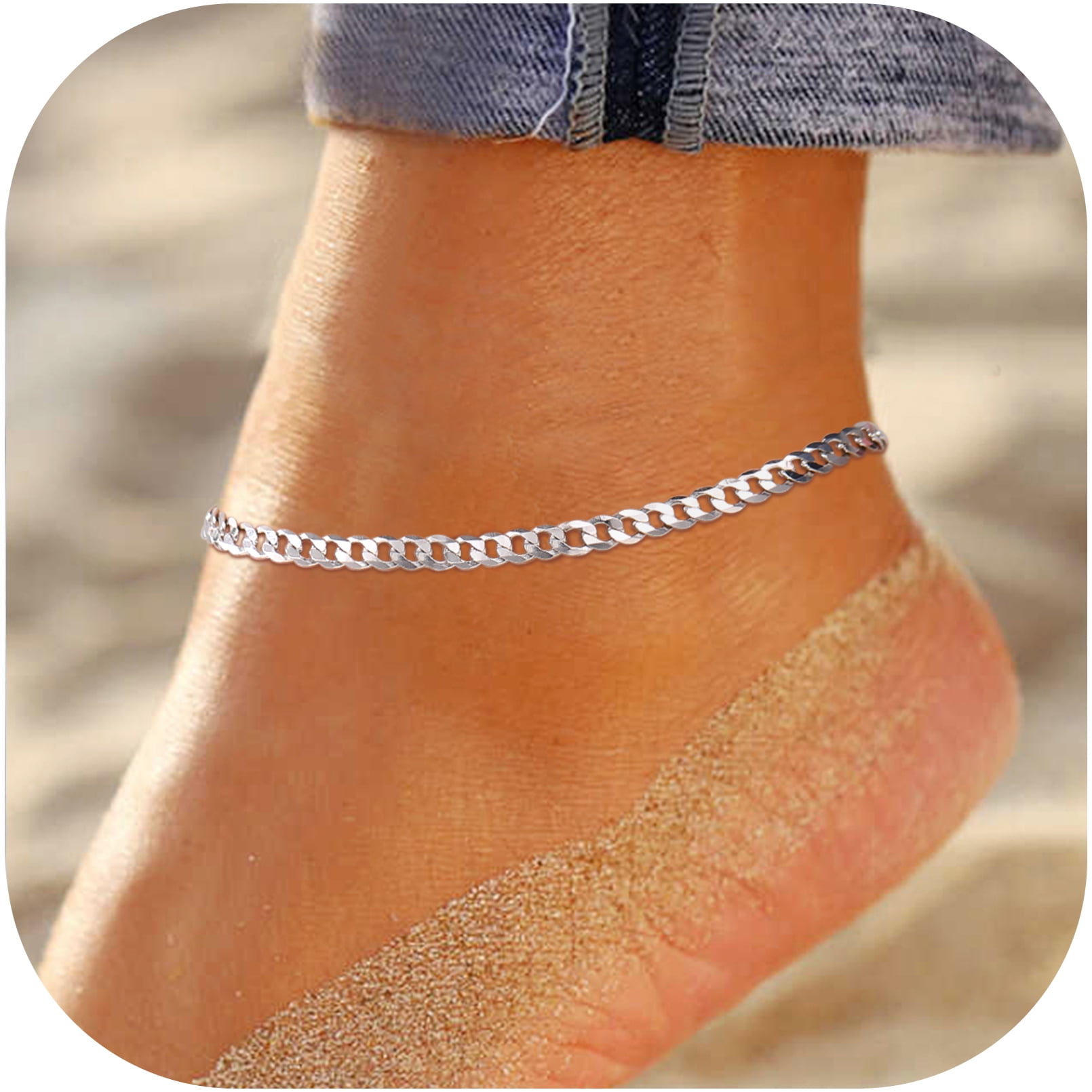 Ankle Bracelet Silver Cuban Link Anklet One4All Silver Rhinestone