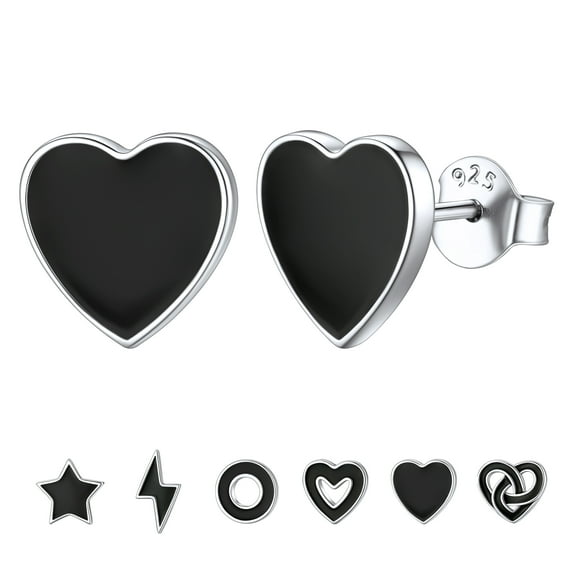 ChicSilver Small Black Heart Stud Earrings Women Men 925 Sterling Silver Earrings Jewelry for Sensitive Ears