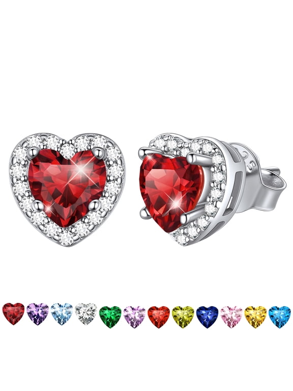 Heart Birthstone Earrings for Women, 925 Sterling Silver Heart Stud Earrings, 12 Months Birthstone Cubic Zirconia Crystal Gifts for Her