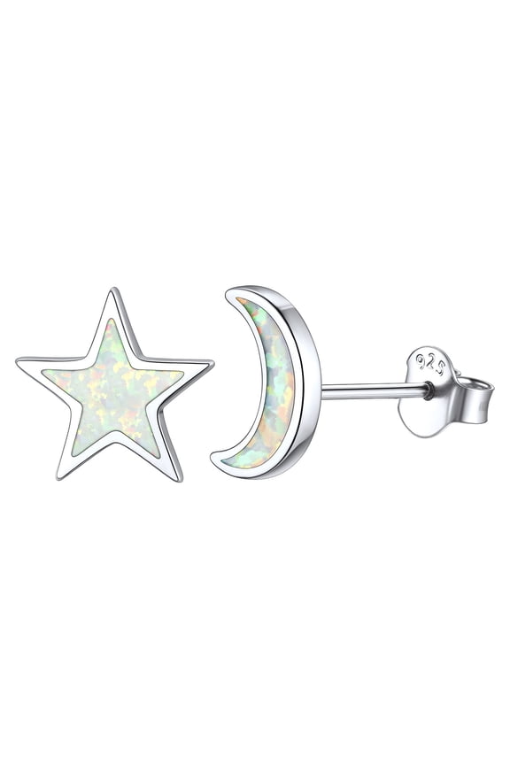 Star & Moon Stud Earrings Tiny Created White Opal White Gold Plated Sterling Silver Earrings Hypoallergenic Birthstone Jewelry Gift for Women