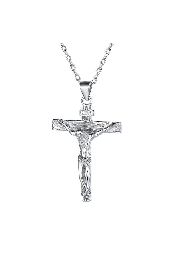 Sterling Silver Crucifix Pendant Unisex Jesus Christ Religious Catholic INRI Cross Necklace - Silver