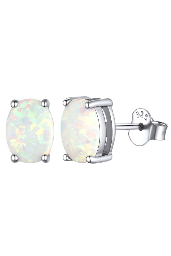 Stud Earrings for Women 925 Sterling Silver Created White Opal Zircon Oval Studs Jewelry Gift Hypoallergenic Earrings for Sensitive Ears