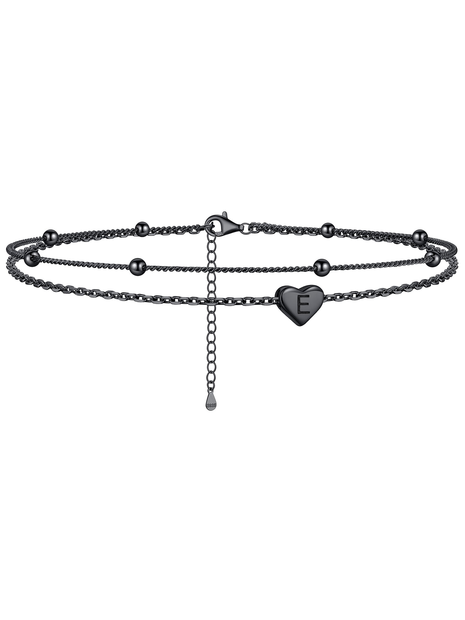 ChicSilver Trendy Sterling Silver Initial Anklet for Women Black Layered Beaded Chain Ankle Bracelet Summer Beach Jewelry