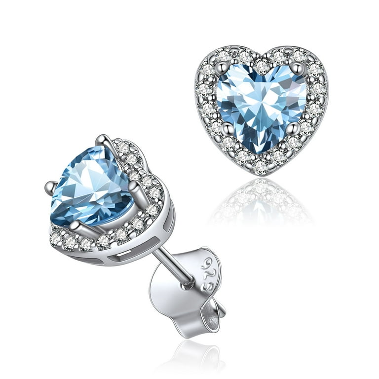 ChicSilver Women March Birthstone Jewelry 925 Sterling Silver Heart Blue  Aquamarine Stud Halo Earrings Hypoallergenic