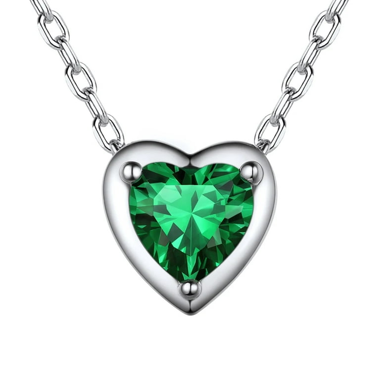 ChicSilver Women May Birthstone Necklace 925 Sterling Silver Small Dark Green Crystal Emerald Pendant Heart Pendant Necklace for Women, Women's