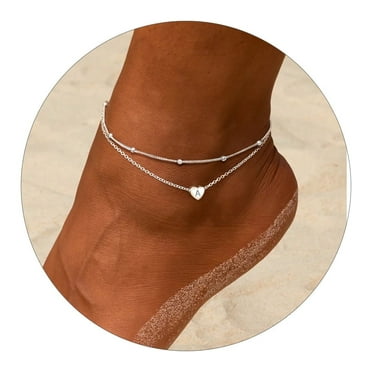 ChicSilver Womens Initial Anklet 925 Sterling Silver Layered Anklet Bracelet Dainty Beaded Chain Anklet Adjustable 11" Waterproof Summer Beach Jewelry for Women