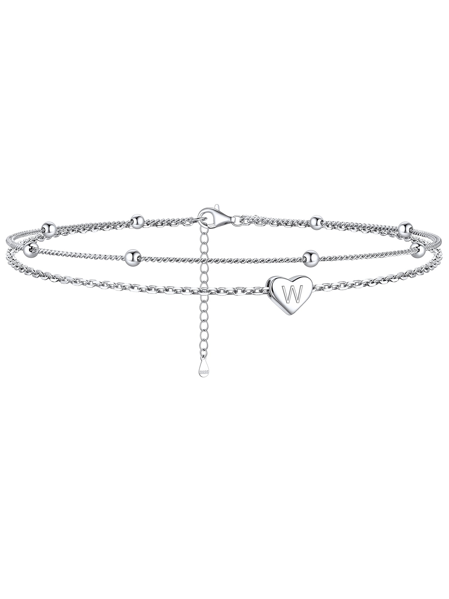 ChicSilver Womens Initial Anklet 925 Sterling Silver Layered Anklet Bracelet Dainty Beaded Chain Anklet Adjustable 11" Waterproof Summer Beach Jewelry for Women