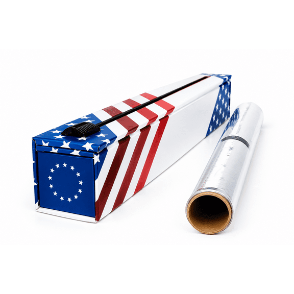 ChicWrap Red, White & Blue Foil Dispenser - Refillable Foil System with Slide Cutter, Non-Slip Bottom and 12" x 30' Refill Roll of Heavy Duty Professional Grade Aluminum Foil
