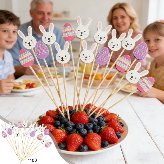 ChicYu 100pcs 4.7in Easter Cocktail Picks,Bunny Egg Bamboo Toothpicks for Appetizers Fruit Food Cake Easter Party Decoration Decorative Toothpicks Skewers for Holiday Birthday Party