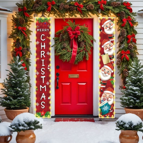 ChicYu 11.81×70.87in Christmas Couplets Door Curtain with Light Strings Fits Doors Light Strings Festive Glows Festive Couplet Design for Christmas Door Decor
