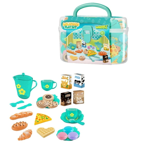 ChicYu 25PCS Household Kitchen Utensils Tea Set Toy Simulated High Tea Desserts and Food Includes Storage Box for Easy Organization for Pretend Play and Role Playing