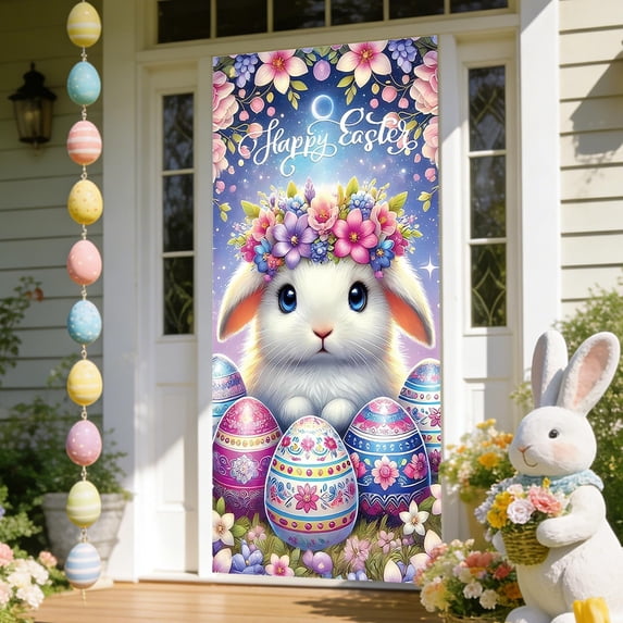 ChicYu 35×71in Easter Door Cover Egg Bunny Pattern Holiday Door Curtain Durable Washable Fabric Door Decor for Front Porch Home Party Supplies