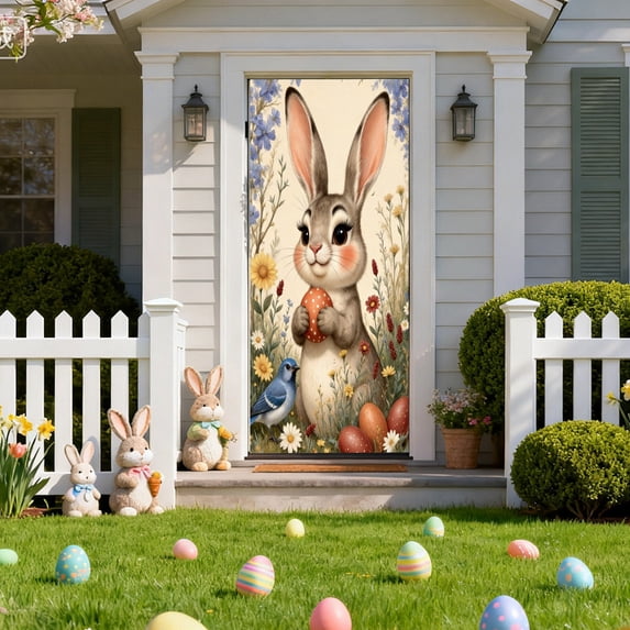 ChicYu 35×71in Easter Door Cover Egg Bunny Pattern Holiday Door Curtain Durable Washable Fabric Door Decor for Front Porch Home Party Supplies