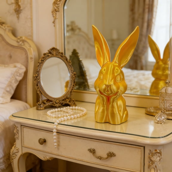 ChicYu 3D Printed Gold Bunny Figurine, Easter Rabbit Sculpture with Hands on Cheeks, Shiny Golden Decorative Statue for Home, Office, Estatua de Conejo Dorado