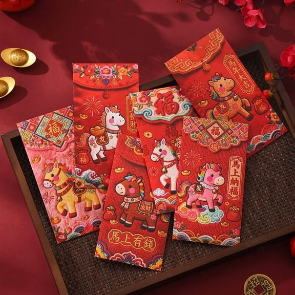 ChicYu 6pcs Year of the Horse Chinese Year Red Envelopes,Exquisite Imitation Flat Embroidery Hong Bao for Spring Festival,Wedding Birthday Party,Random Styles