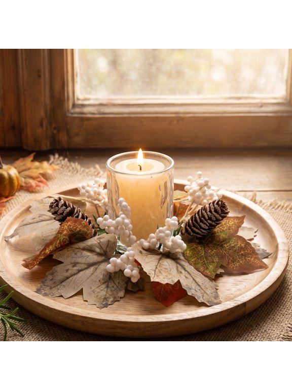 Autumn Leaf Candle Ring, 26cm Faux Berry Wreath, Rustic Pinecone Decor, Harvest Table Centerpiece, Anillo de velas de otoño