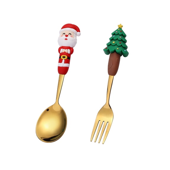 ChicYu Christmas Celebration Spoon Fork Doll Handle Stainless Utensils Dessert Set Festive Dining Gift Table Accessory Practical A