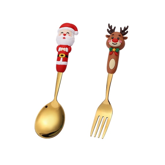 ChicYu Christmas Celebration Spoon Fork Doll Handle Stainless Utensils Dessert Set Festive Dining Gift Table Accessory Practical C