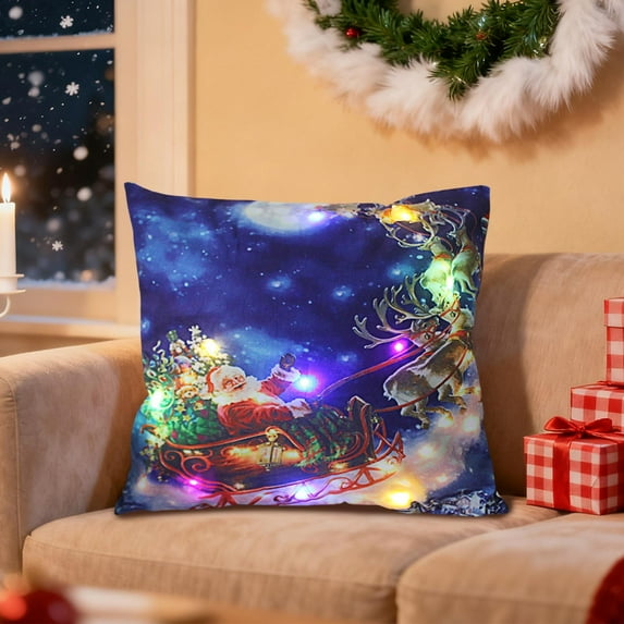 ChicYu Christmas Pillowcovers Holiday Gift LED String Lights Flashing and Steady Dual Mode Short Printed Sofa Cushion Cover for Home Holiday Use