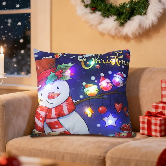 ChicYu Christmas Pillowcovers Holiday Gift LED String Lights Flashing and Steady Dual Mode Short Printed Sofa Cushion Cover for Home Holiday Use