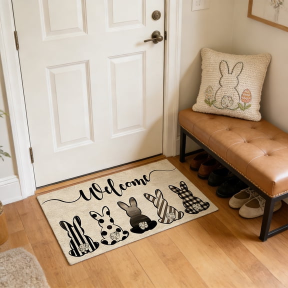 ChicYu Easter Bunny Entryway Door Mat Low Profile Indoor Outdoor Doormat Washable Welcome Mat for Home Entrance Easter Spring Decor