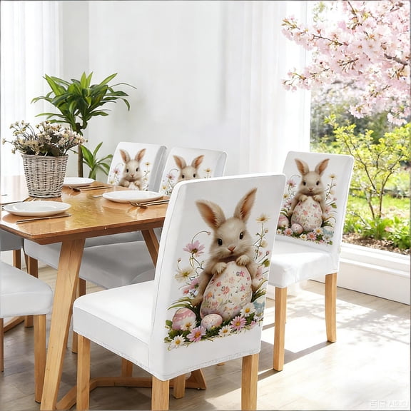ChicYu Easter Cute Bunny Chair Covers Stretch Removable Washable Dining Chair Protector Full Wrap Chair Slipcovers for Home Kitchen Dining Room Easter Holiday Party Decor