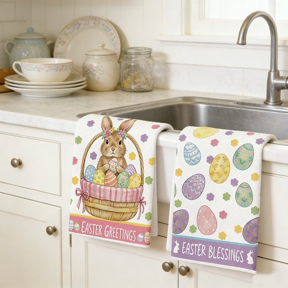 ChicYu Easter Kitchen Towels 2 Pack 24x16in Soft Absorbent Cotton Dish Towels for Drying Hands Cleaning Wiping Spring Bunny Kitchen Decor Holiday