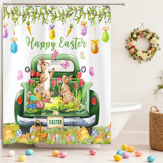 ChicYu Easter Themed Fabric Shower Curtain Waterproof Bathroom Curtain Spring Easter Bunny Shower Curtain for Bathtub Shower Stall Home Decor