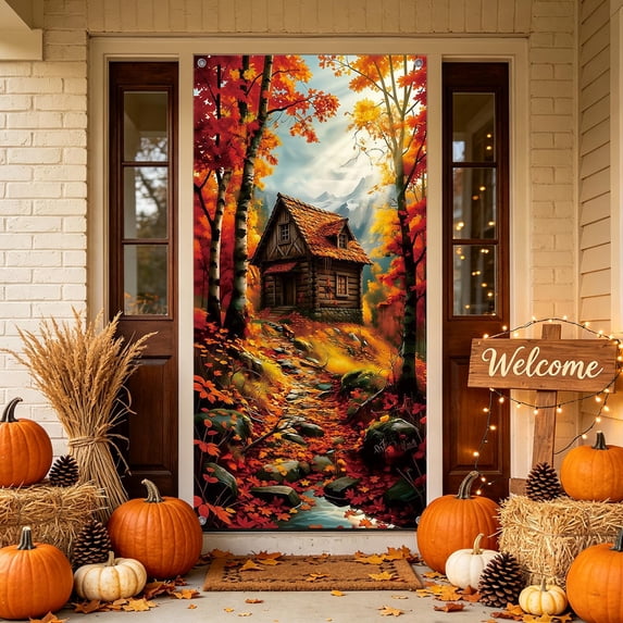 ChicYu Fall Autumn Thanksgiving Door Cover Banner Decorative Harvest Tapestry Polyester Fabric Outdoor Front Porch Wall Hanging for Home Party