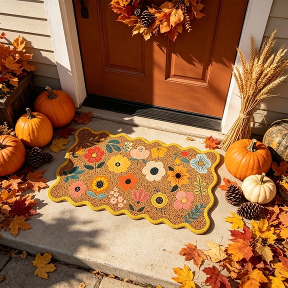 ChicYu Floral Scalloped Edge Floor Mat, Pure Polyester Decorative Area Rug, Colorful Flower Pattern Door Carpet for Home Entryway Living Room