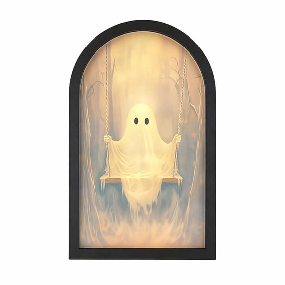 ChicYu Halloween Ghost Mirror with Light, USB Powered LED Wall Decor, Spooky Swing Scene Frame, Black Arch Hanging Ornament, Espejo fantasma