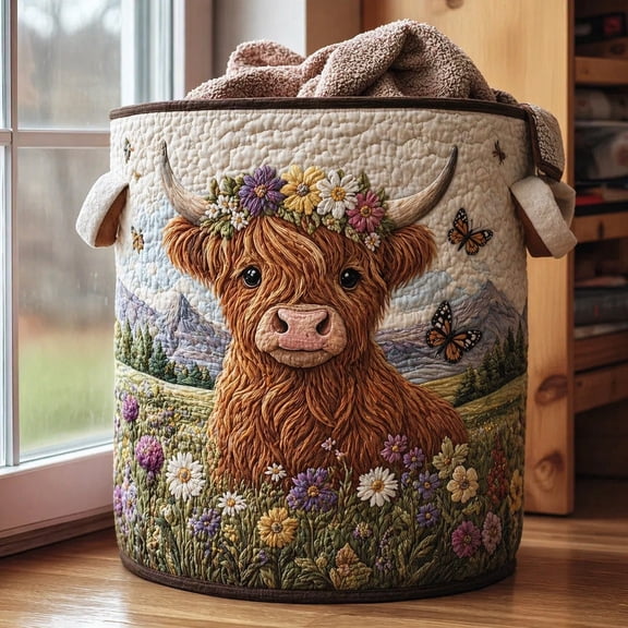 ChicYu Highland Cow Laundry Basket, Foldable Storage Bin with Handles, Floral Animal Print Hamper, Polyester Clothes Organizer, Cesta de la ropa