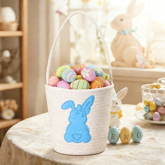 ChicYu Personalized Easter Bunny Basket 3D Name Cotton Rope Easter Bucket Hand-Woven Easter Egg Hunt Bag Easter Egg Hunt Bag