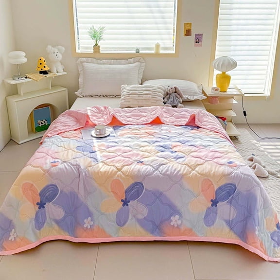 ChicYu Printed Summer Cooling Quilt, Lightweight Breathable Bed Blanket, Machine Washable Thin Comforter for Double Bed Family Bedroom, 71"x 79", Colcha Estampada de Verano, Couverture Imprimée d'Été