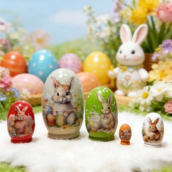 ChicYu Russian Nesting Dolls,Handmade Wooden Bunny Nesting Dolls Set for Easter Birthday Gift Home Decoration,Spring Themed Table Decorations,Set of 5 Figurines