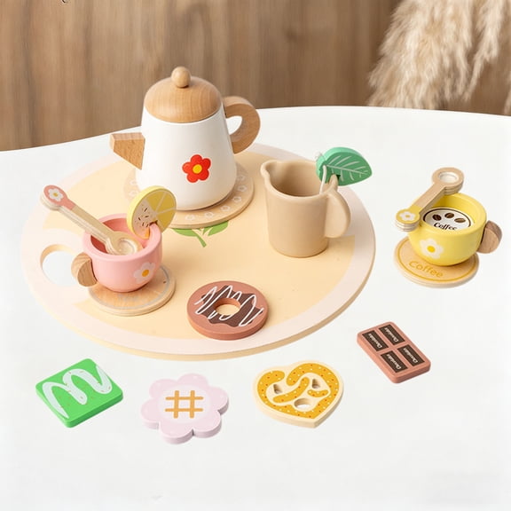 ChicYu Simulated Tea Set Pretend Play Set Wooden Toy Tea Set with Tray Safe and Durable for Kids Pretend Tea Party Role Playing