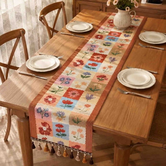 ChicYu Table Runner Faux Linen Jacquard 14x47 Inch Tassel Fringe Decorative for Dining Table Coffee Table Home Kitchen Wedding Camino de Mesa