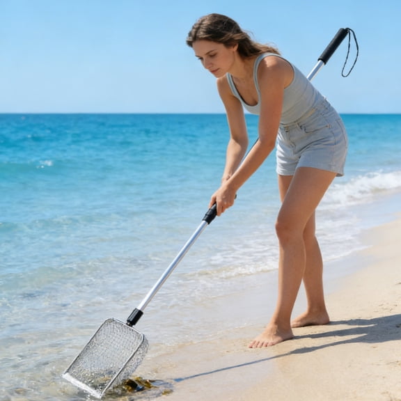 ChicYu Telescopic Sand Shovel, 22-42In Metal Mesh Scoop with Long Handle for Beach Shell Collecting, Outdoor Beach Tool, Outil de Plage, Herramienta de Playa