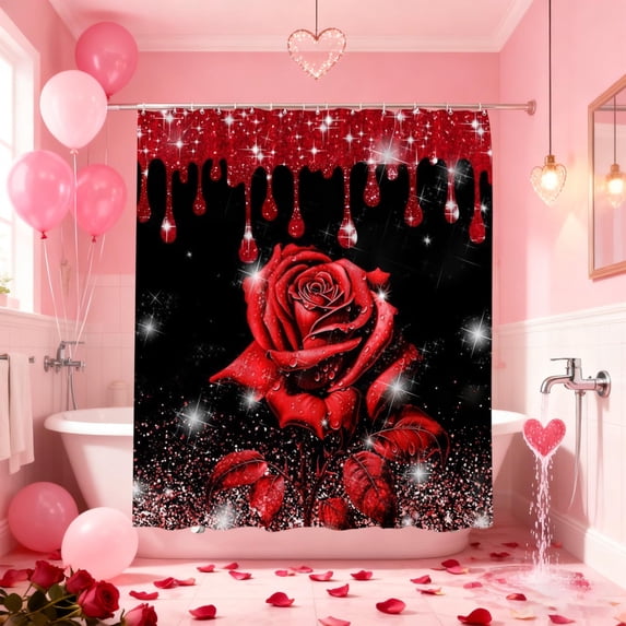 ChicYu Valentine's Day Shower Curtain Romantic Heart Pattern Water-Proof Mildew-Proof Fabric Durable Easy to Install with Hooks for Bathroom Decor and Romantic Ambiance