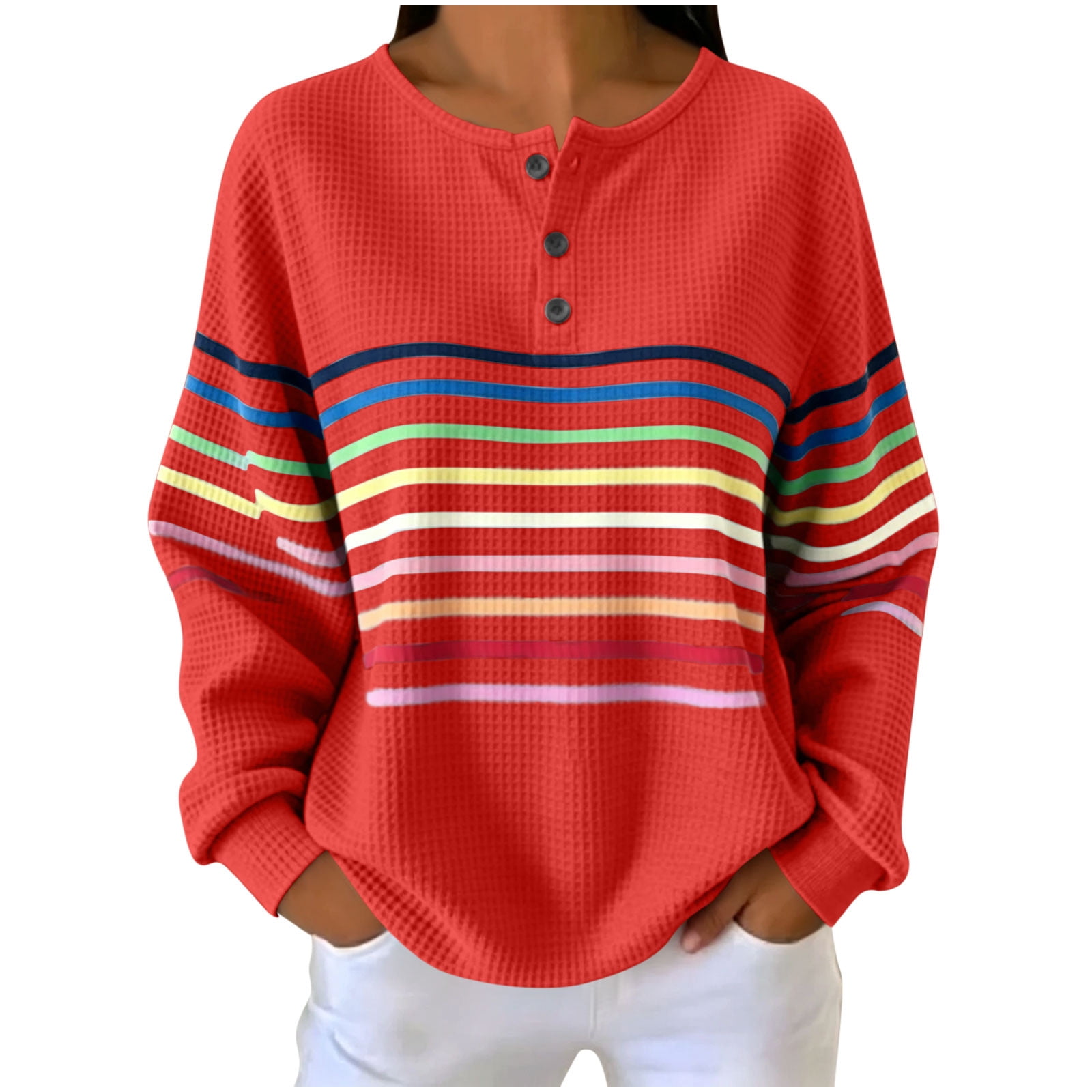 ChicYu Women's Striped Color Block Long Sleeve Henley Shirt Loose Fit ...