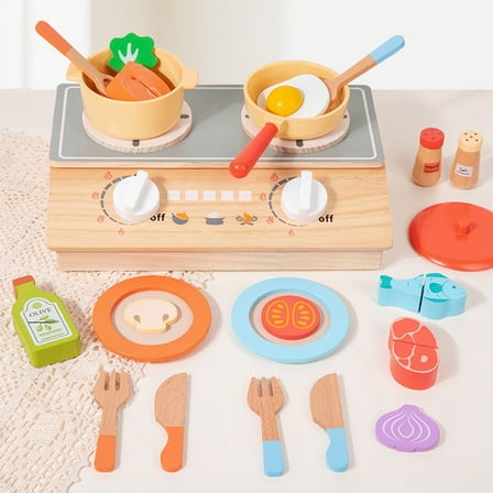 ChicYu Wooden Simulated Kitchen Pretend Play Cooking Toy Set with Cuttable Vegetable Toys Realistic Kitchen Utensils Included for Kids Pretend Cooking